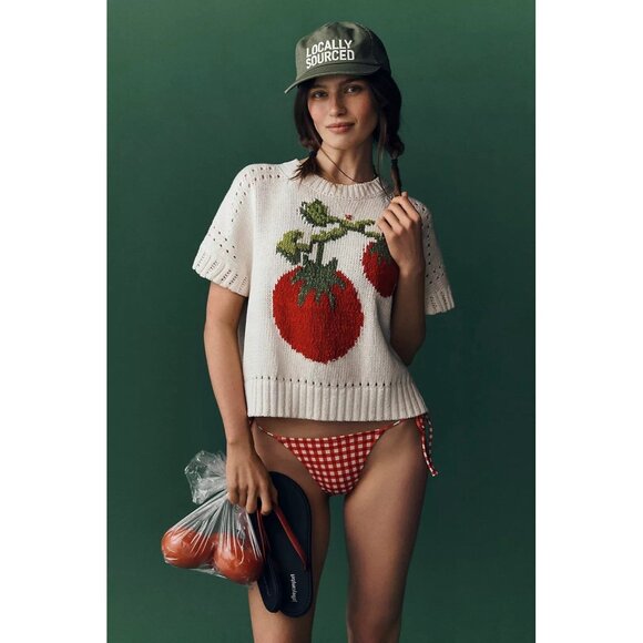 NWT Size 1X -Maeve Short-Sleeve Crew-Neck Veggie Motif Graphic Sweater Tomato - Picture 1 of 17